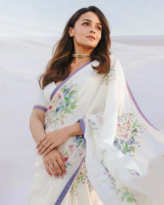 Alia Bhatt in white floral saree with pastel prints 2025