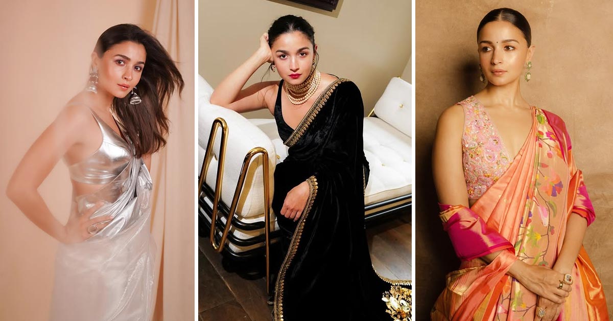 Alia Bhatt in silver metallic saree, black velvet saree, and peach floral designer saree – stunning 2025 ethnic fashion looks