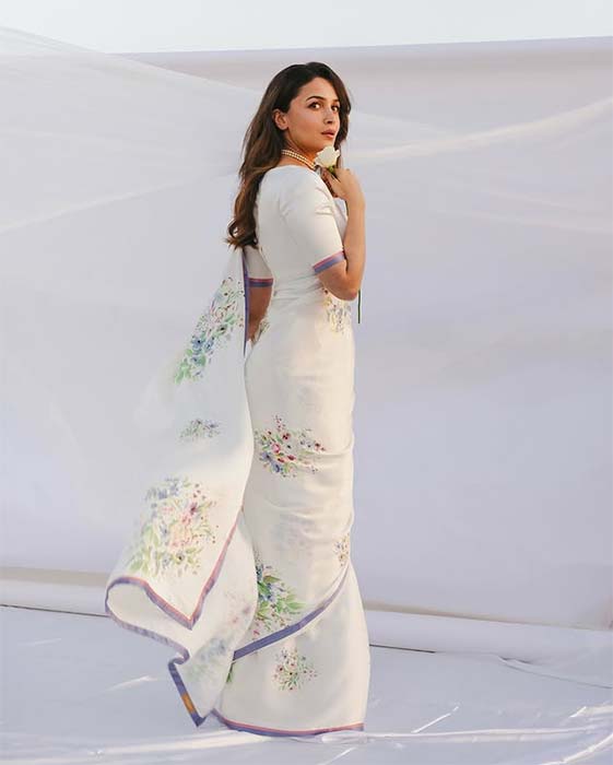 Alia Bhatt in elegant white floral saree with flowing pallu