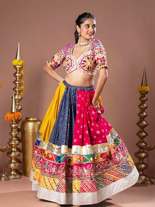 Color-block Navratri chaniya choli in yellow, navy blue, and pink with embroidered blouse
