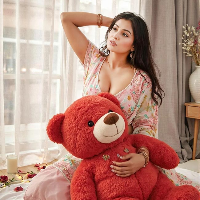 Cute Indian bhabhi with teddy bear in floral outfit – desi bhabhi photo