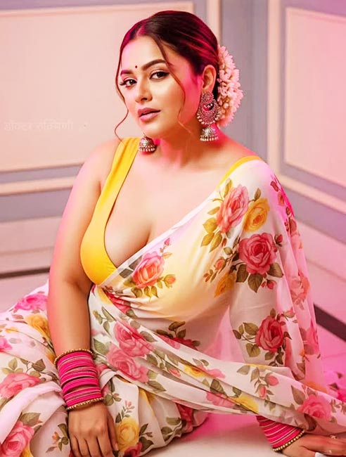 Hot cute Indian bhabhi photo in floral saree showing her beautiful figure.