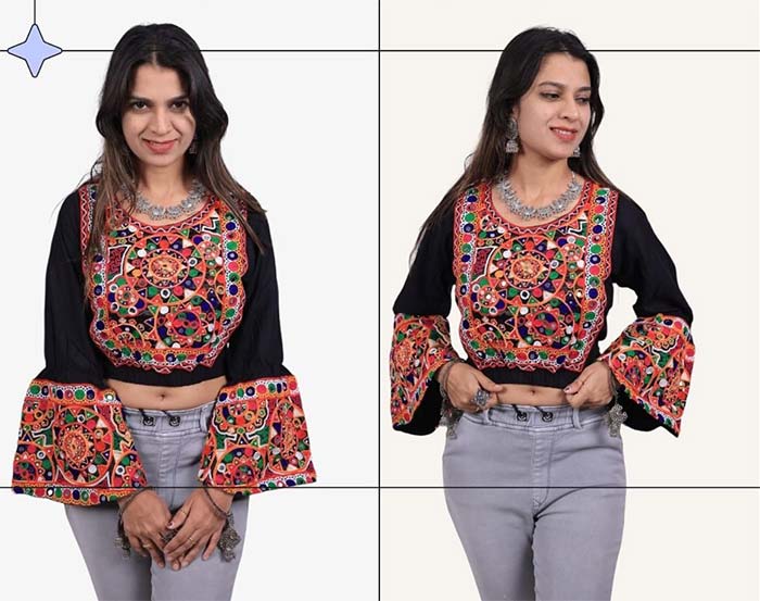 Girl wearing traditional embroidered Garba choli with jeans for Navratri fusion look