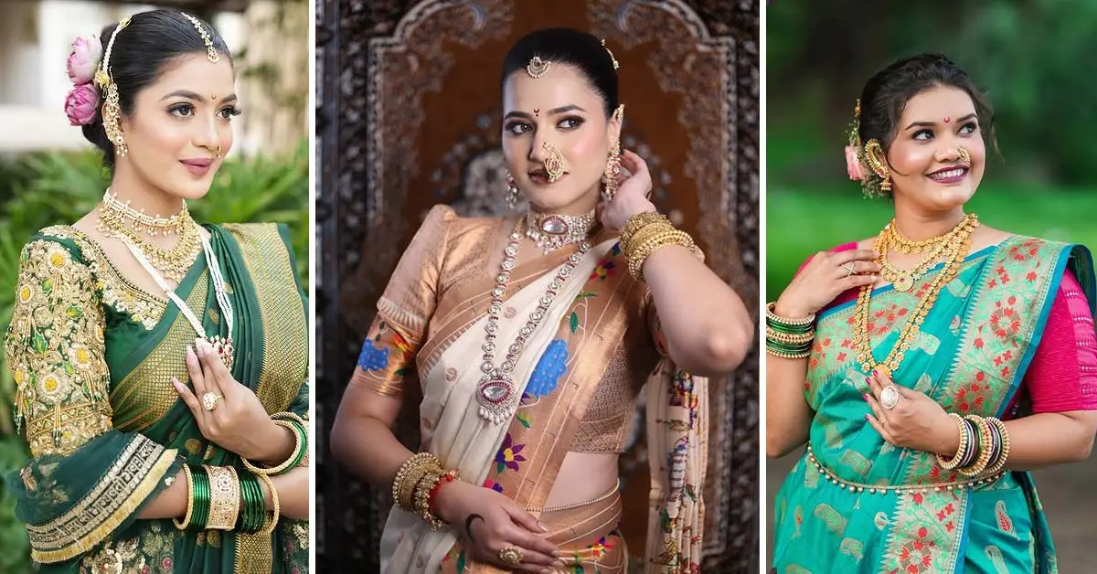 Nauvari saree look with jewellery photos – green Paithani, beige silk, and blue saree styles