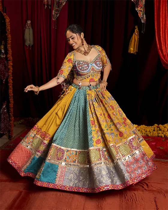 Yellow and blue patchwork lehenga choli for Navratri garba look