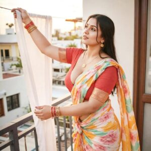 Very Cute Indian bhabhi photo in colorful saree – desi bhabhi balcony look